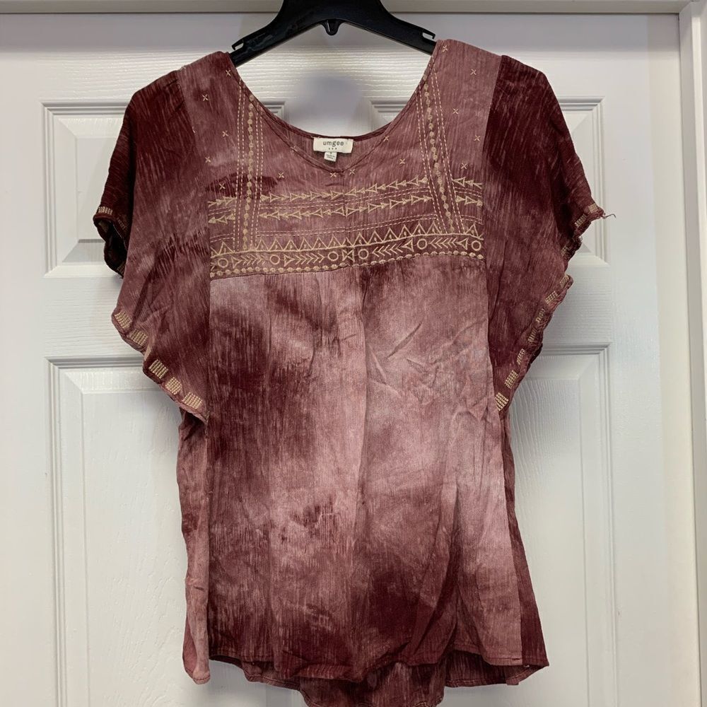 Umgee Burgundy Boho Flutter Sleeve Top sz S